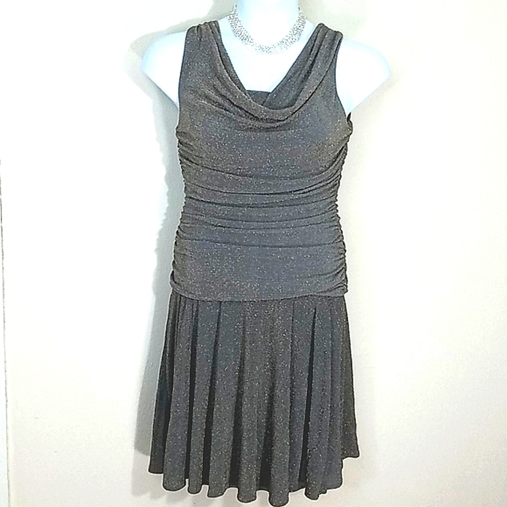 Dress cocktail gray with gold Shimmer stretch midi Cowl Neck